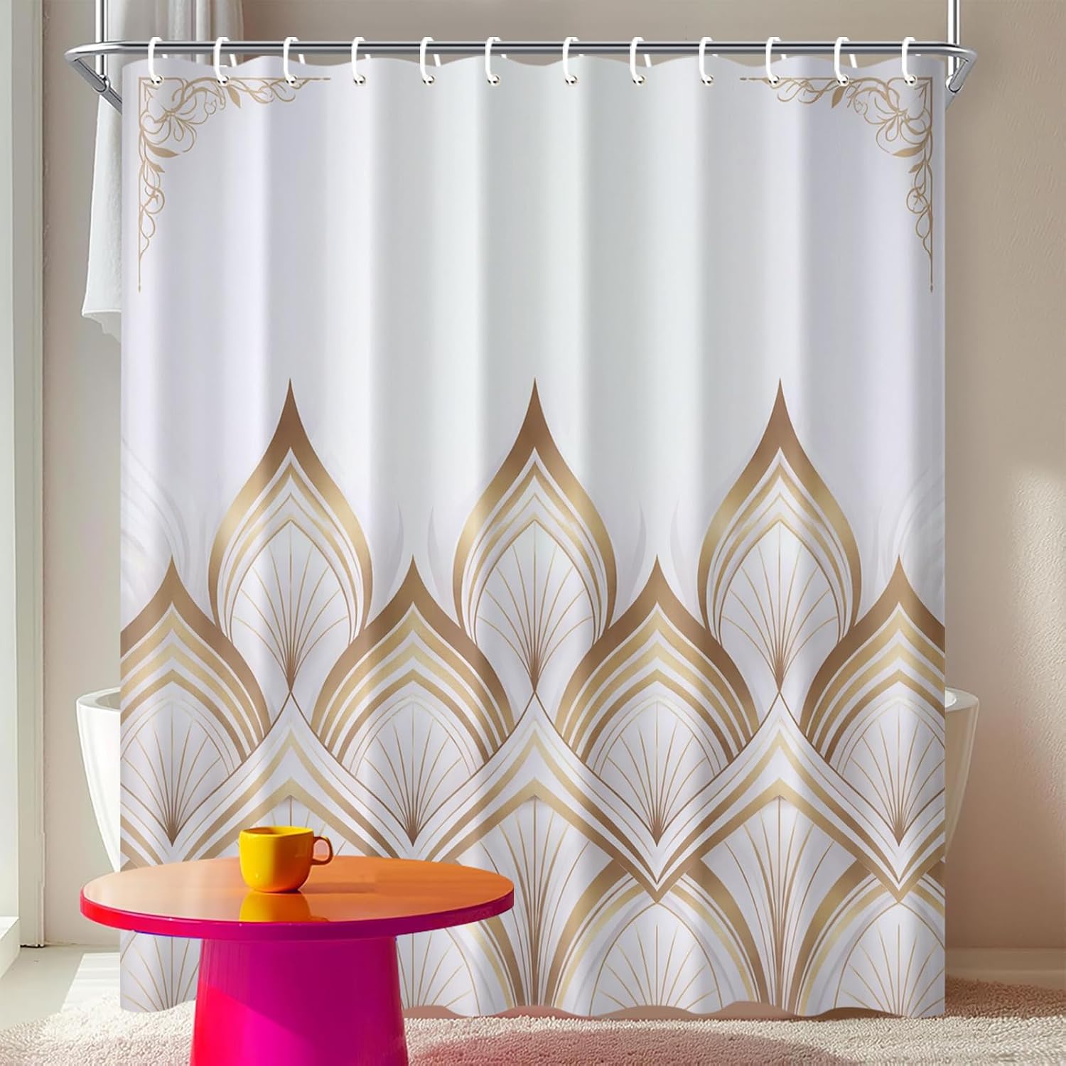Elegant Gold Art Deco Shower Curtain 70.8x70.8 Inch with Hooks Geometric Golden Fan Design Fabric Bathroom Decor Luxury Modern Home Decor Shower Curtain for Bathtub