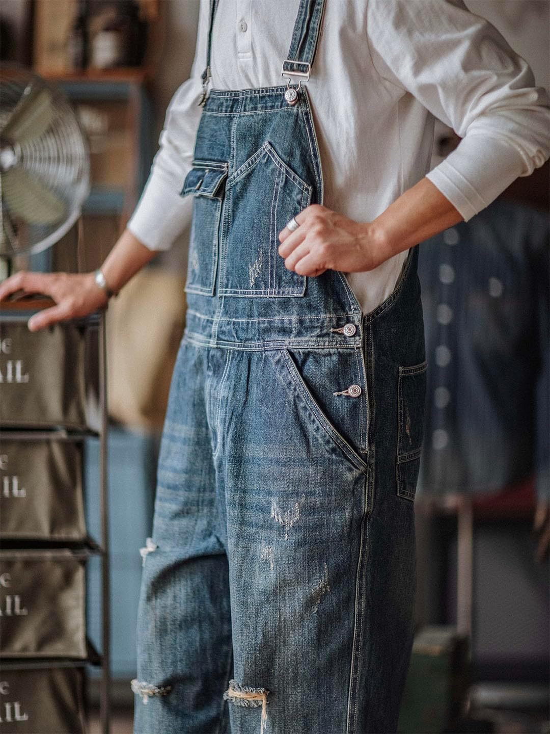 MADEPANTS Men's Distressed Denim Bib Overalls with Hammer Loops