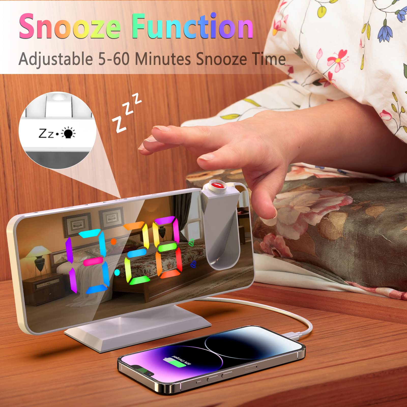Sveglia RGB con Proiezione Display a 11 Colori 6 Livelli di Luminosità Modalità Snooze 12/24H Cavo USB e Spina Inclusi
