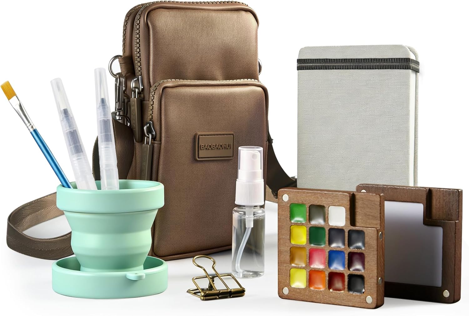 Watercolor Paint Set, All-in-One 15-Color Walnut Wood Travel Set with Crossbody Bag, Watercolor Journal, Metal Clip, Water Cup, Water Brush, Portable Pocket Art Kit for Adult Art Lovers (Brown)