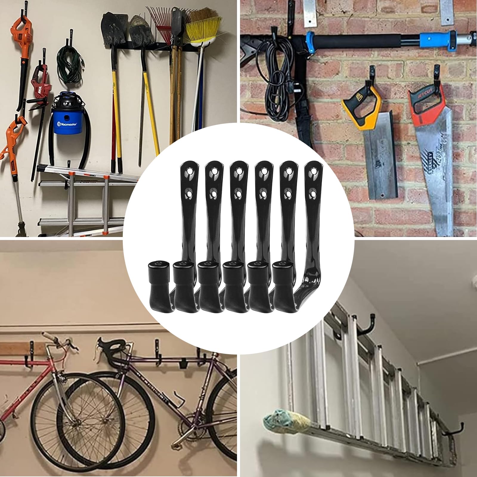 Newpop 6 Piezas Ganchos Para Colgar, Gancho pared de Garaje Resistentes, Colgador Bicicleta Pared de Acero Revestimiento Antideslizante para Herramientas Eléctricas Escaleras Negro 11.5cm x 9cm