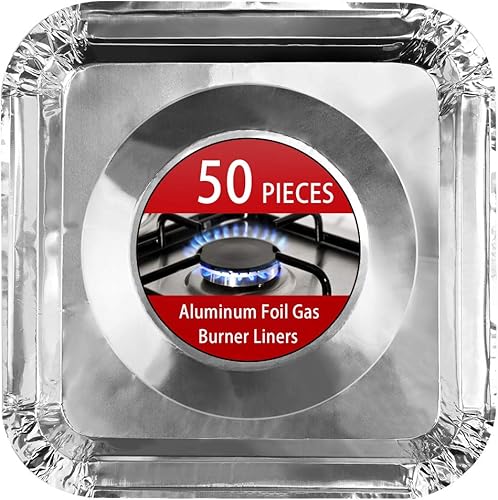 Revestimientos para quemadores de estufa de gas de papel de aluminio, paquete de 50 fundas desechables cuadradas para estufas, protectores de estufa