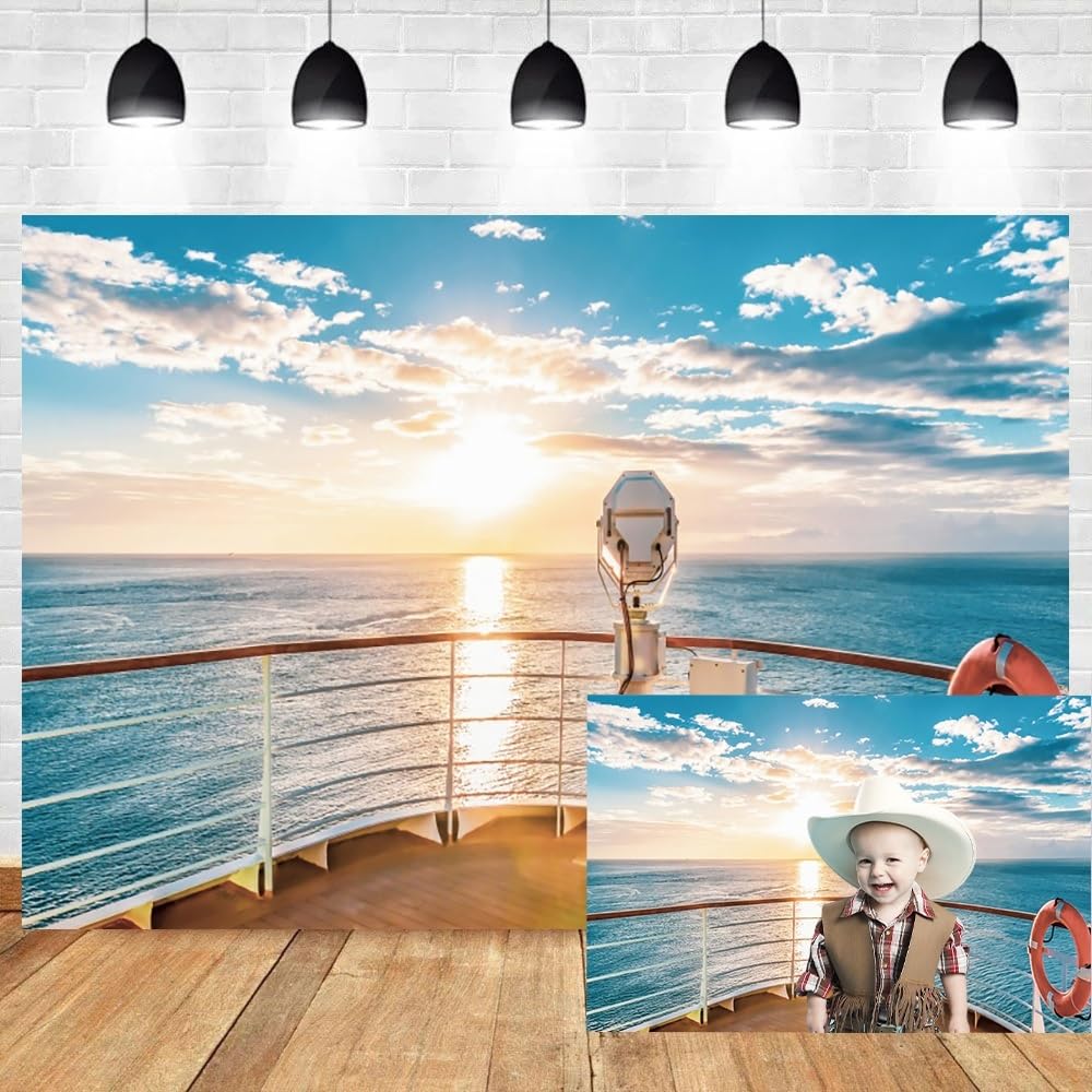 4,5x3m Fondo Fotográfico Yate de Lujo Privado Cubierta Antigua Salvavidas Atardecer Océano Azul para Retrato Niños Adultos y Atrezzo de Estudio