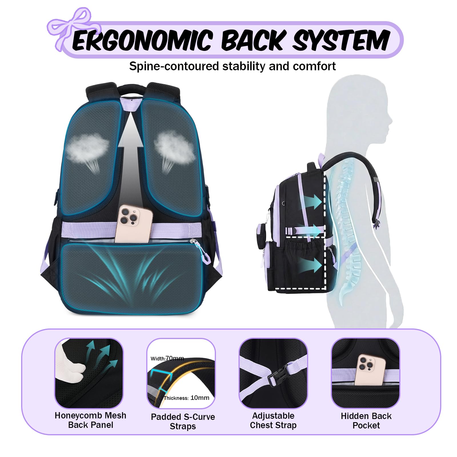 Amythe Cartable pour Filles Primaire et Collège - Sac à Dos Enfant Ergonomique avec Bandes Réfléchissantes - Sac D'école Fille CE2 CM1 CM2 Imperméable Léger pour École Voyage -Violet
