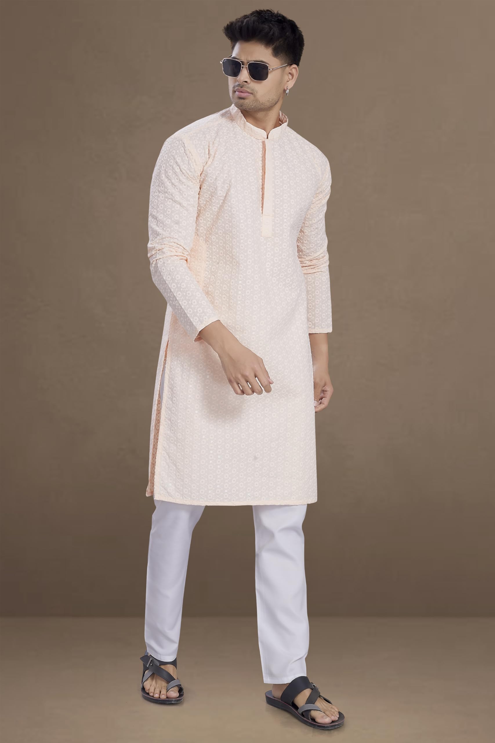 Divisive Men's Sequince Embroidered Cotton Blend Only Slim Fit Kurta (Dkrt1121_5Xl_Peach)
