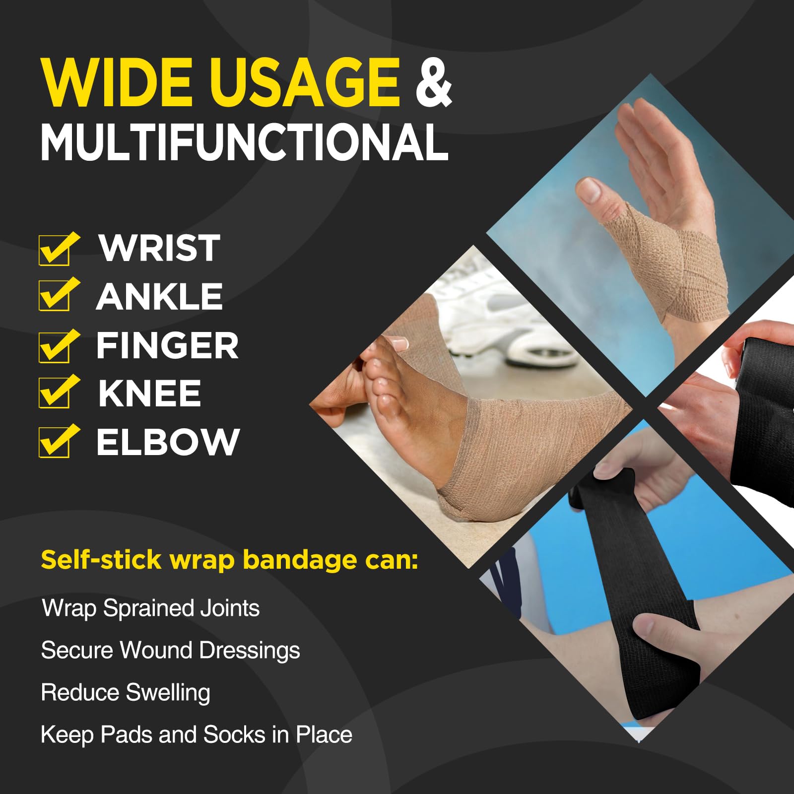 OK TAPE 12 Rolls Self Adhesive Bandage Wrap, Elastic Athletic Tape, Self Stick Bandage Tape, Vet Wrap, Medical Wrap for Wrist, Feet, 2" x 5 Yards - Black