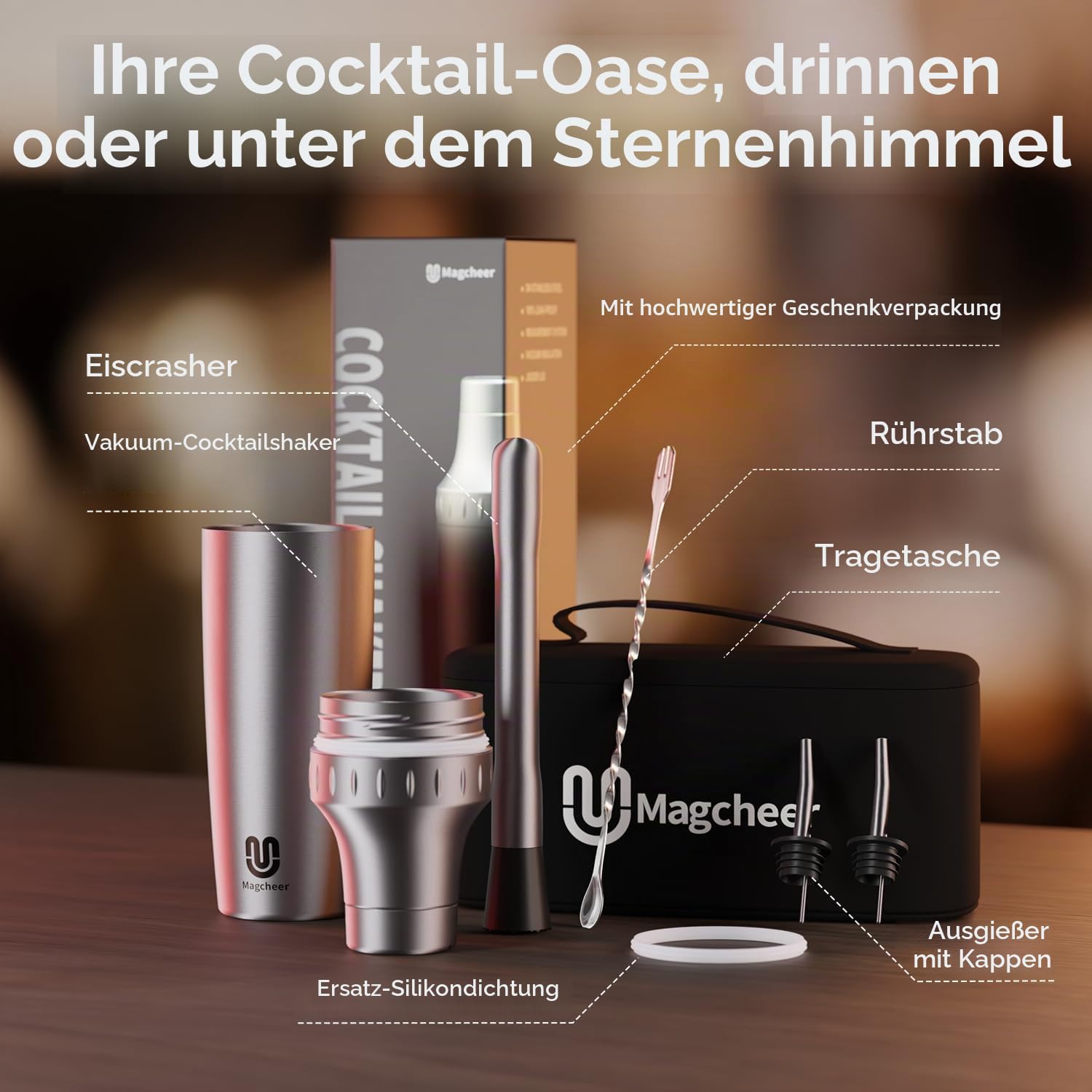 Magcheer Cocktail Shaker Set 900ml Edelstahl Doppelwand-Barkeeper Set mit Aufbewahrungsbox