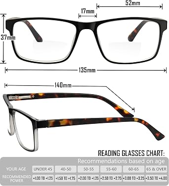 Yogo Vision Bifocal Reading Glasses for Men and Women, Rectangle MultiFocal Readers with Spring Hinges, Retro Design