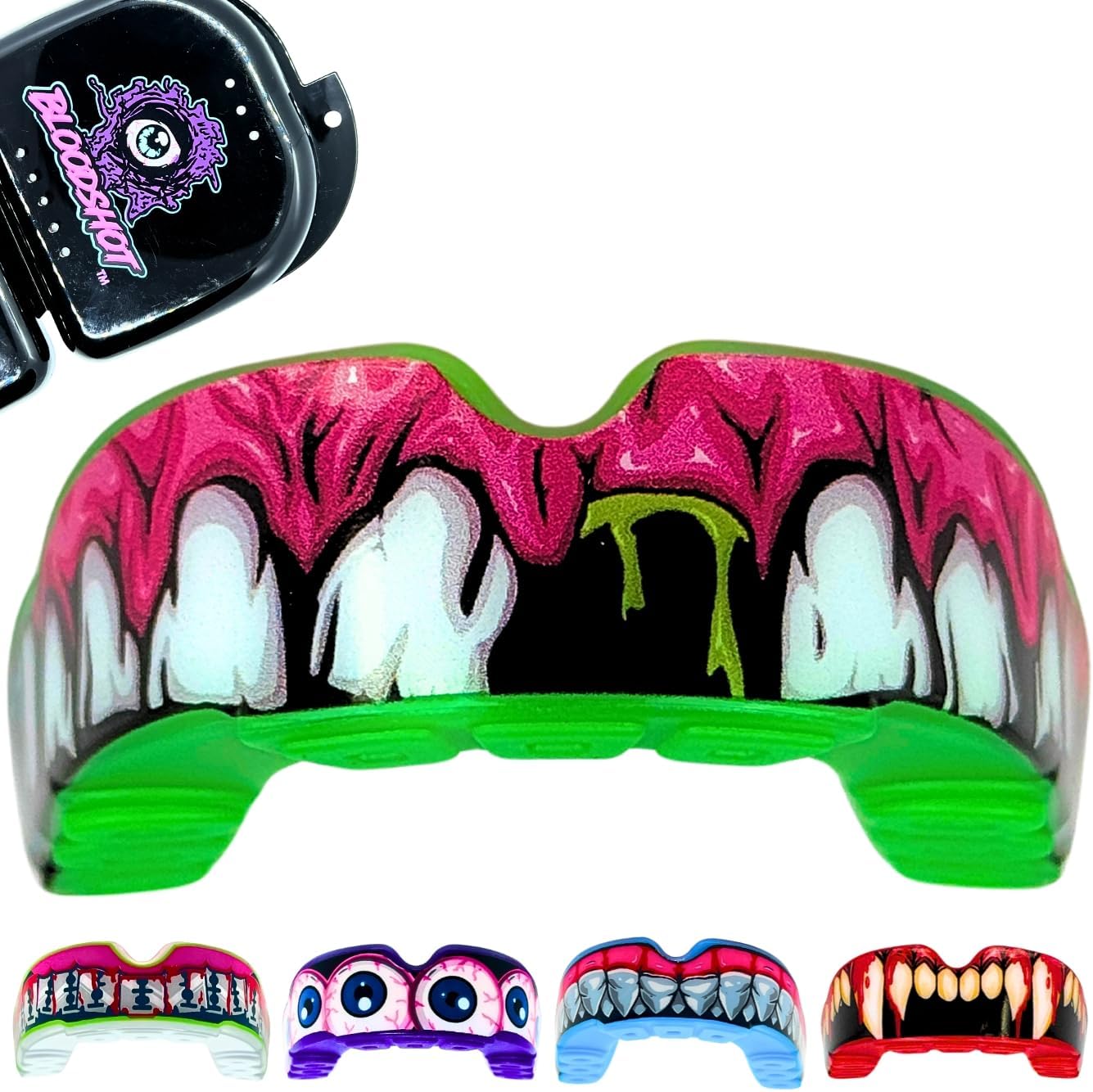 BLOODSHOT | Custom Fit Mouth Guard for All Contact Sports | Rugby, Boxing, BJJ, Hockey, MMA | Protective Gum Shield for Adults & Kids 12+ | Easy 2-Minute Molding with Carry Case (Gum Smash Green)