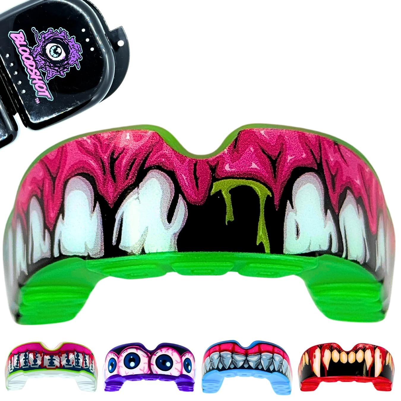 BLOODSHOT | Custom Fit Mouth Guard for All Contact Sports | Rugby, Boxing, BJJ, Hockey, MMA | Protective Gum Shield for Adults & Kids 12+ | Easy 2-Minute Molding with Carry Case (Gum Smash Green)