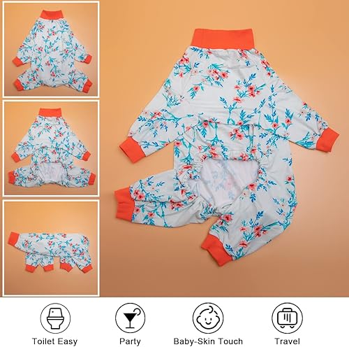 Miniatura 4 de LovinPet Pitbull Jammies, protección UV, alivio de la ansiedad, mameluco para perro, transpirable, elástico, estampado floral blancorosaaguamarina,