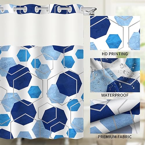 Miniatura 5 de Blue Collection - Cortina de ducha geométrica con patrón de vitrina, experiencia visual de lujo, doble capa, diseño sin gancho, cortina de ducha de