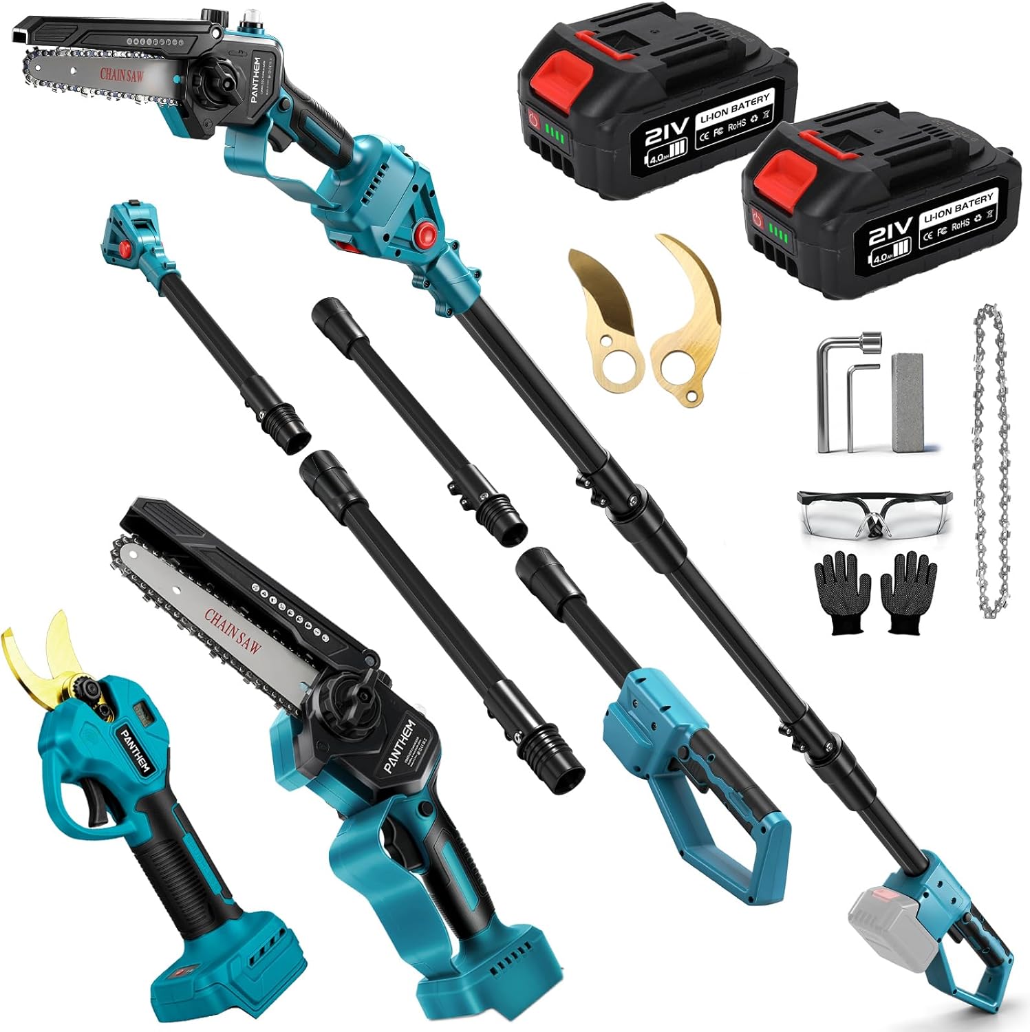 panthem 4 in 1 Akku Hochentaster 6 Zoll Mini Kettensäge mit Akku &amp; 45 mm Teleskop Astsäge für Makita 18V, Elektrische Gartenschere, 21V 4000mAh, Baumschere Astschere mit Teleskop Stange