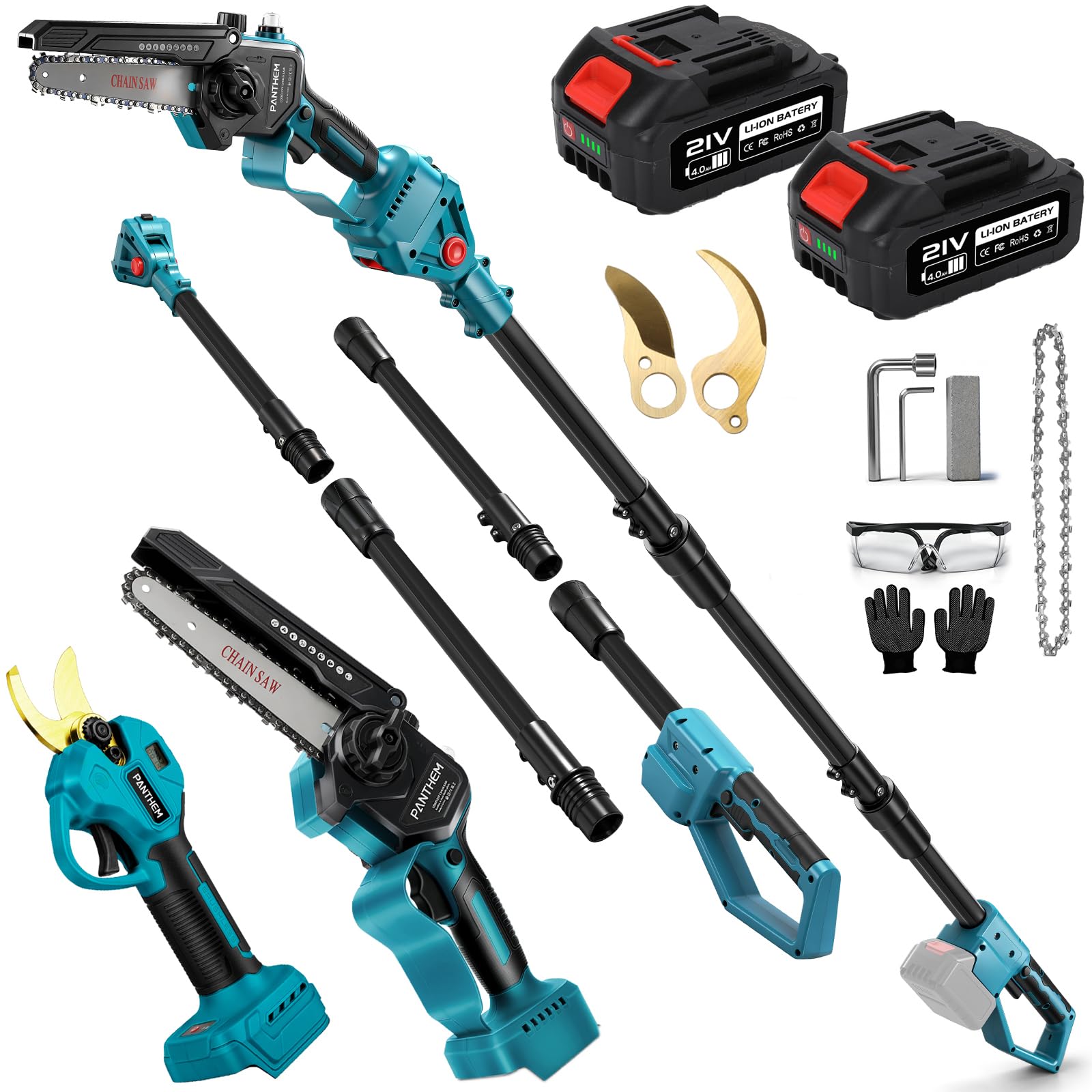 Mini motosierra 4 en 1 con batería y sierra telescópica 21 V 4000 mAh | de 45 mm para Makita 18 V, tijeras de podar eléctricas, tijeras de podar con barra telescópica