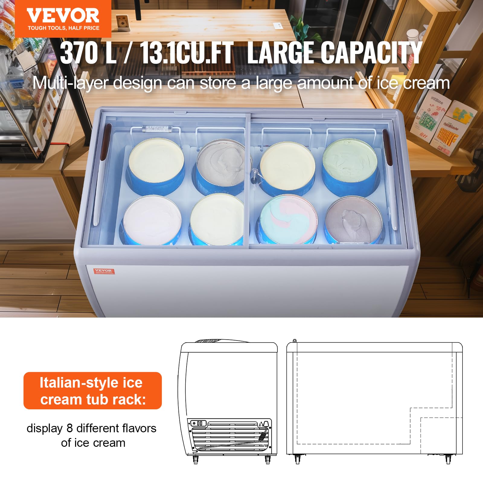 VEVOR Vitrina Comercial para Helado, Congelador Horizontal de 370 L, Móvil con Tapa de Vidrio, con 8 Tinas Grandes, 2 Puertas Corredizas de Vidrio, Ruedas con Bloqueo, Blanco, 1260 x 715 x 875 mm