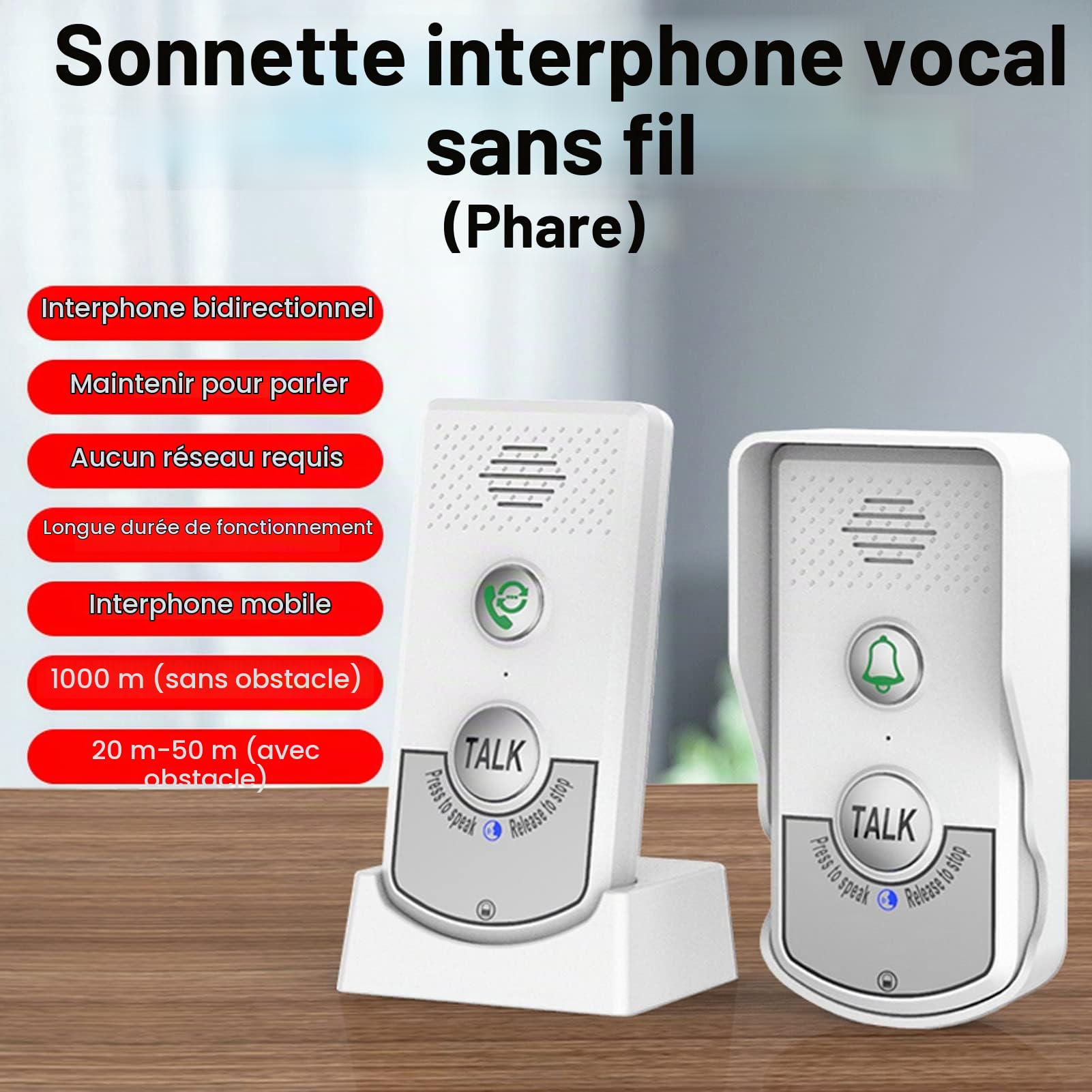Sonnette D'interphone sans Fil, Carillon de Sonnette électronique, 2 Voies 1 V 1 Sonnettes D'interphone étanches sans Fil avec Indicateur Lumineux
