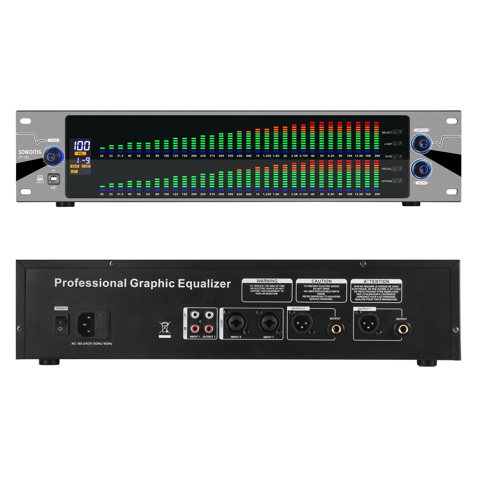 Ecualizador 2U para sistemas de audio estéreo domésticos, ecualizador gráfico profesional de 31 bandas en diseño de montaje en rack, ecualizador de estudio digital con pantalla de analizador