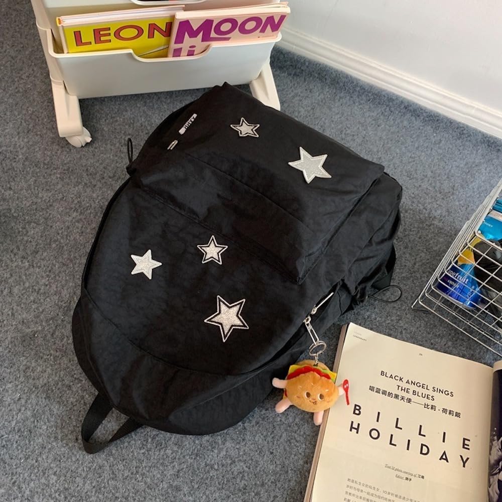 JHTPSLR Vintage Aesthetic Backpack Preppy Backpack Patches Stars Retro Stars Backpack Dark Academia Aesthetic Backpack (Black)