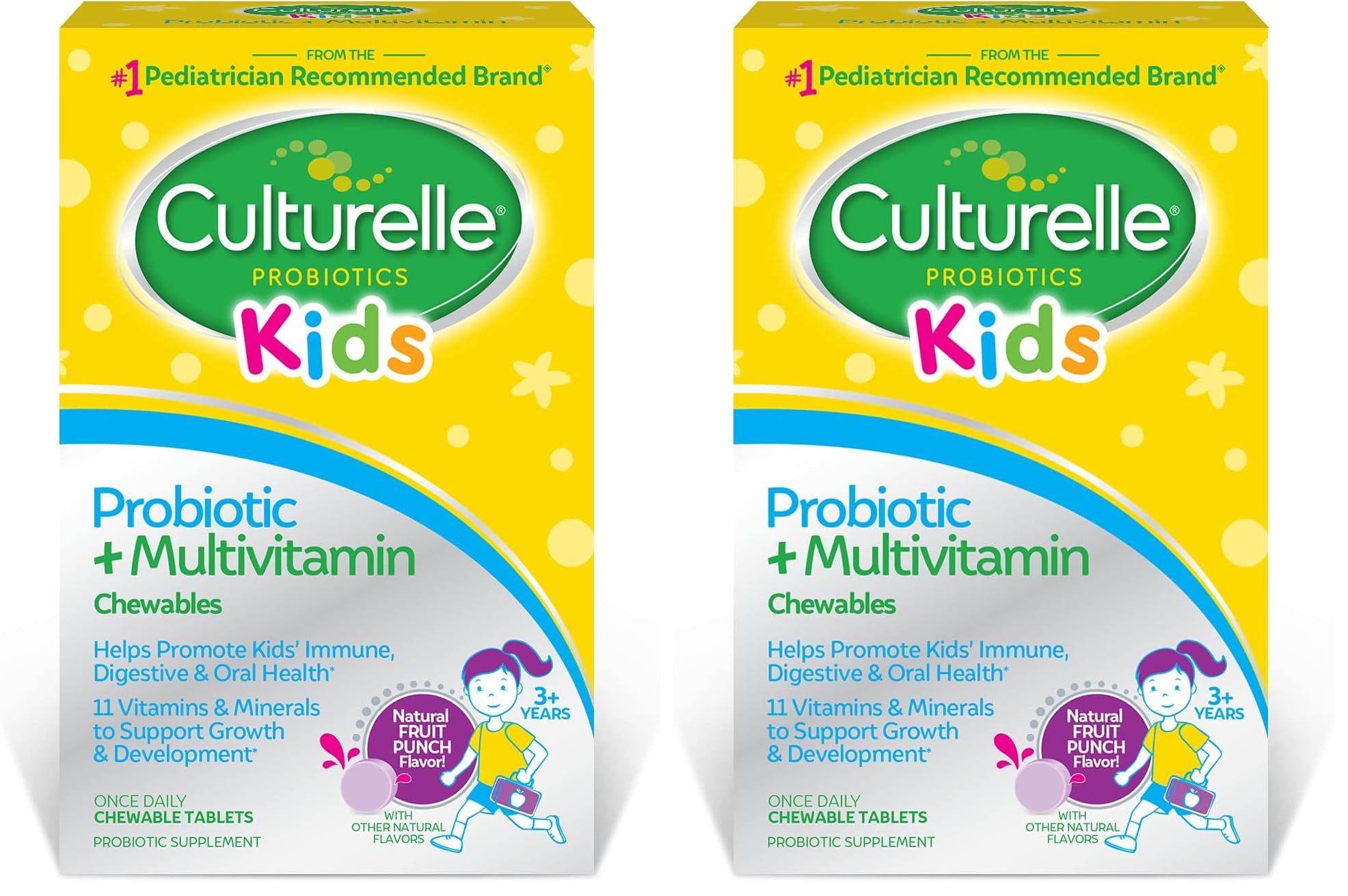 Culturelle Kids Probiotic + Complete Multivitamin Chewable for Kids,Ages 3+,Digestive Health,Oral Health&Immune Support-with 11 Vitamins&Minerals,Including Vitamin C,D3-&Zinc,30 Count (Pack of 2)