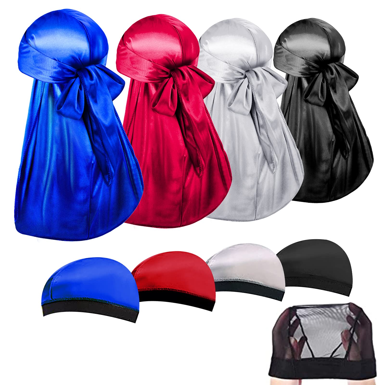 4PCS Silky Durags for Men,with 5 PCS Elastic Wave Cap Long Tail Headwraps Wide Straps Waves