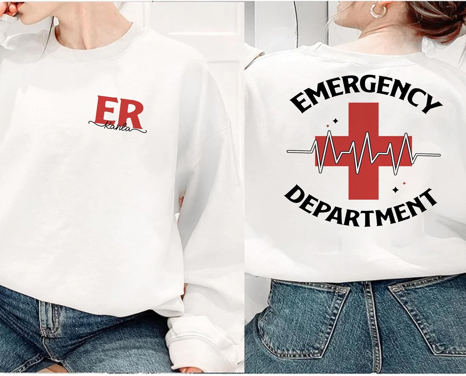 Emergency Department Sweatshirt -Custom Name Nurse Sweater, Emergency Nurse ER Nurse Crewneck Sweater 2 Sides