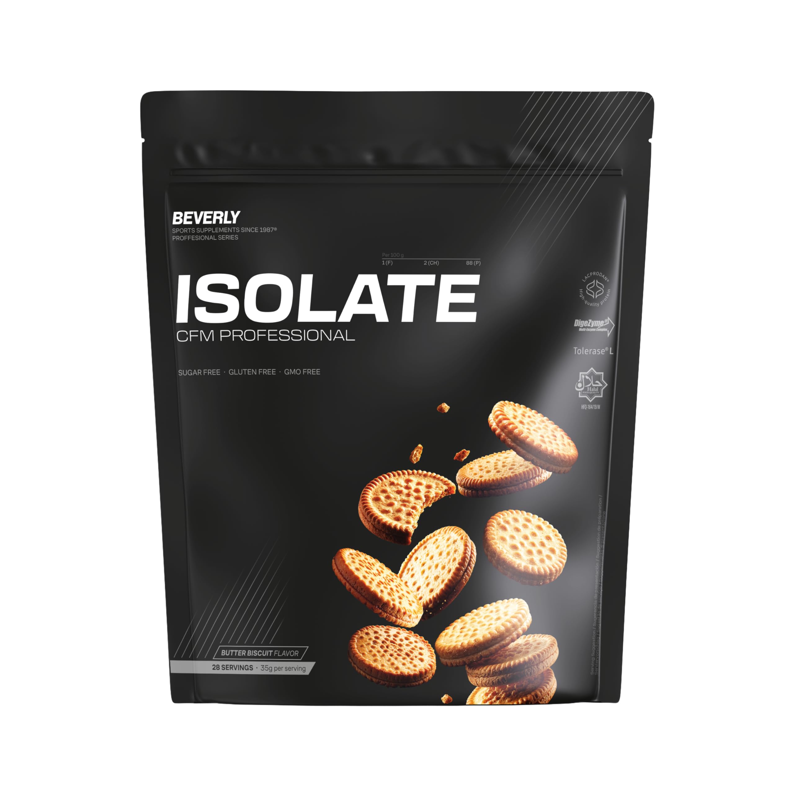 Beverly Isolate CFM - Isolat de protéines de lactosérum Lacprodan - 1 kg - 30 g de protéines par portion - 29 portions - Tonifie et augmente la masse musculaire - Saveur (1 Kg, Butter Biscuit)
