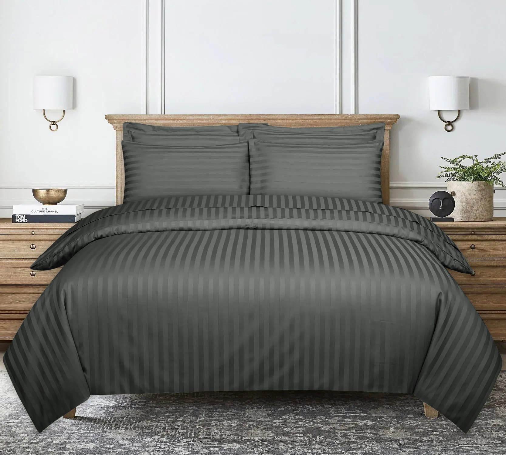 Ev Dekor® Double Duvet Cover Set Hotel Quality Stripes Satin Bedding Double Bed Set including 2 Pillowcases