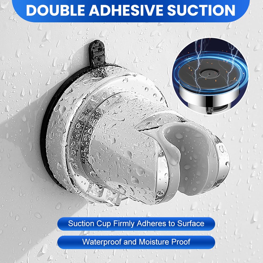 HMCEY Support de Pommeau de Douche Ventouse,Fixation Pommeau de Douche Sans Percage,Porte Douchette Mural Universel,Support Douchette Salle de Bain,Shower Head Holder pour Fixer et Régler - Argent - 5