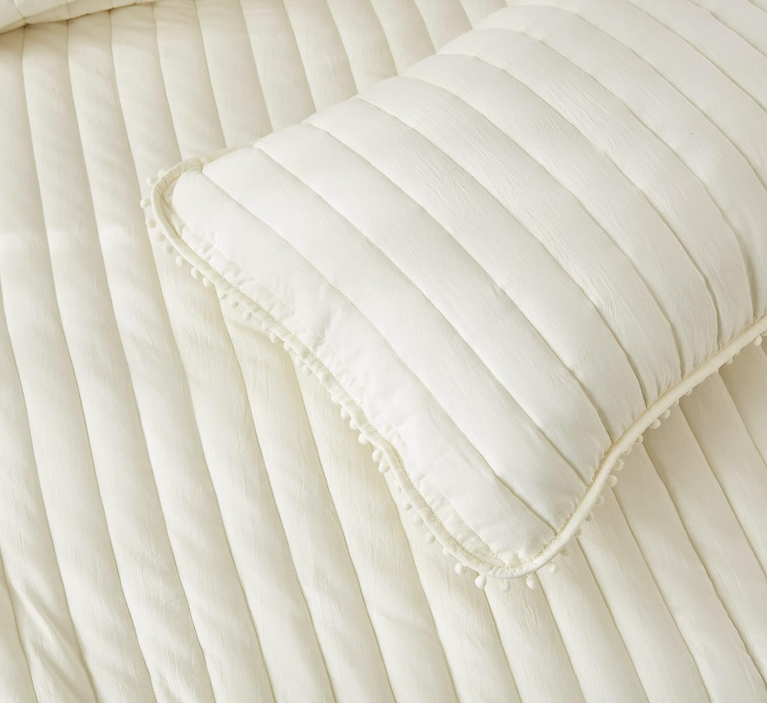 Chezmoi Collection Iris 3-Piece Ivory Pom Pom Quilt Set - Ball Fringe Channel Stitch Quilted Bedspread, Washed Microfiber Coverlet, Queen Size