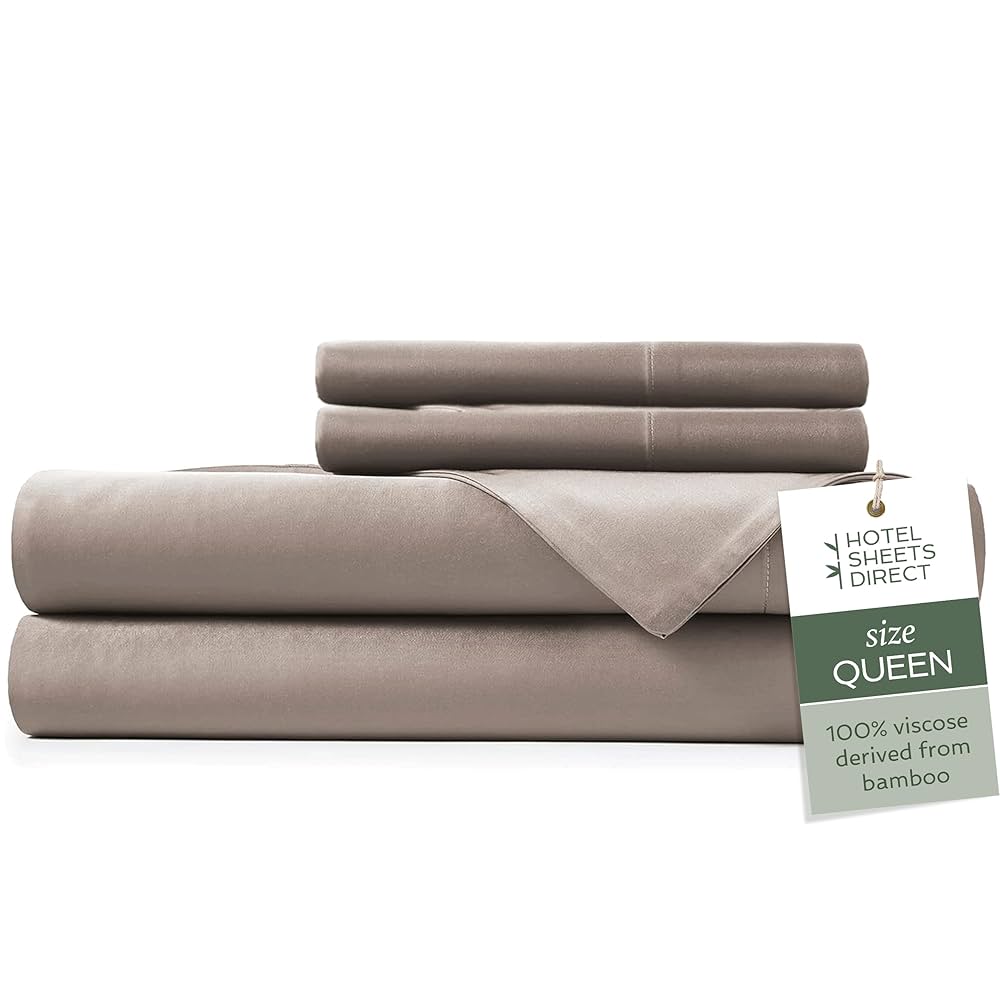 Hotel Sheets Direct 4 Piece Bed Sheet Set Queen Size, 100% Viscose Derived from Bamboo Sheets Set with 2 Pillowcases, Cooling & Breathable Luxury Bedding, Moisture-Wicking & Silky Soft Texture, Sand