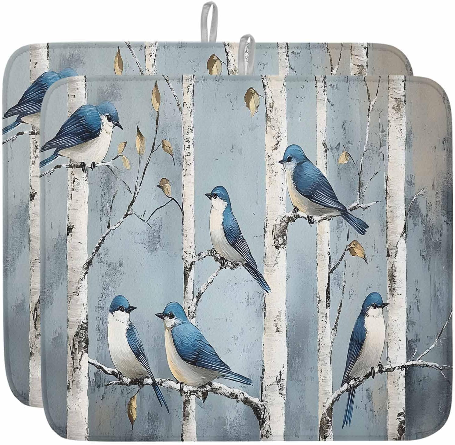 Dish Drying Mat Set of 2 Birds on The Tree Microfiber Absorbent Reusable Washable Dish Drying Rack Mat Spring Animal Coffee Mat for Coffee Maker Bar Kitchen Countertops 18x24inch