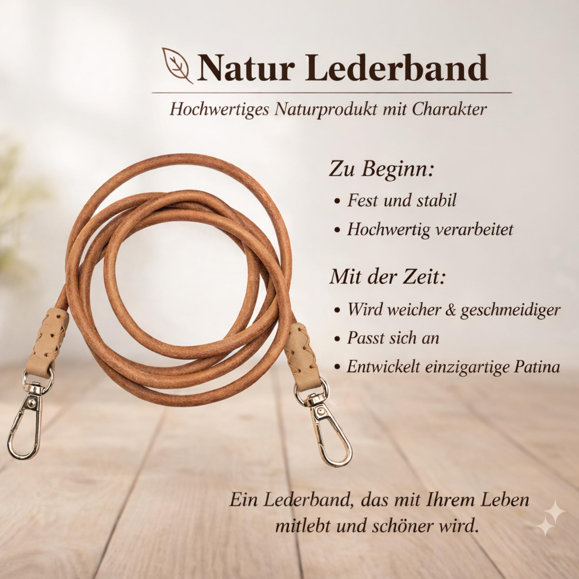 Handyband aus pflanzlich gegerbtem Rindsleder – Abnehmbare Handykette zum Umhängen – Universal & hüllenkompatibel, inkl. Universal-Patch
