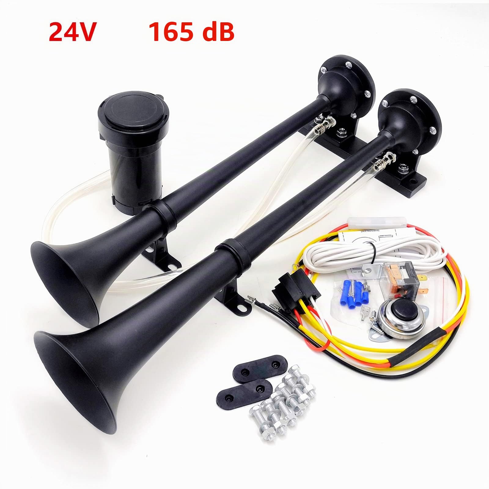 Clacson per auto 165DB Tromba ad aria 45cm Zinco cromato Doppia tromba Tromba ad aria per camion nera con compressore Tromba tono alto e tono basso Altoparlante per 24V Camion treno barca ecc