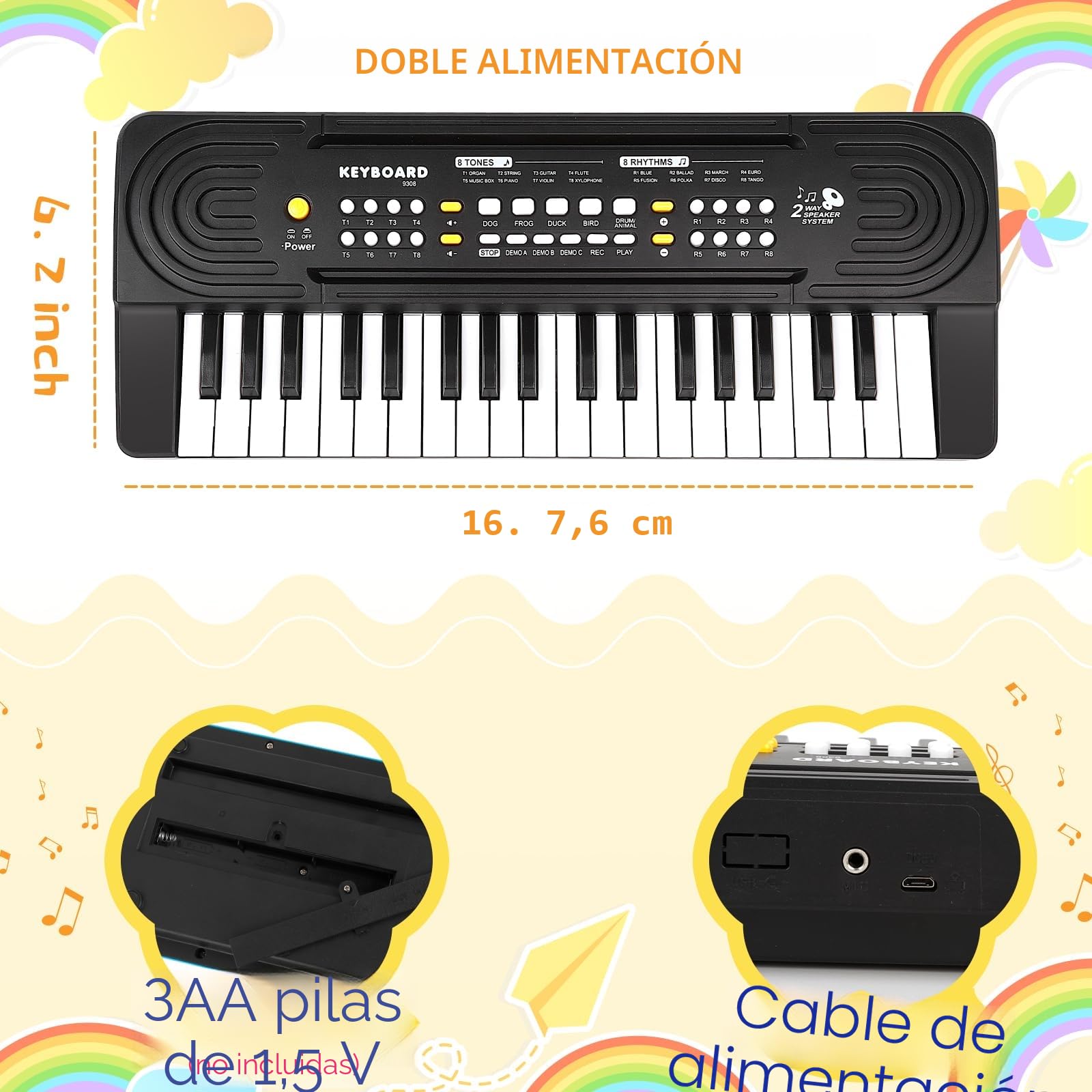 Piano Electrico Infantil con Micrófono, 37 Teclas Multifunción Piano para Niños, Organo Electronico Portátiles Calidad de Sonido HD, Doble Alimentación, Educativa Musical Regalo 3+ Años