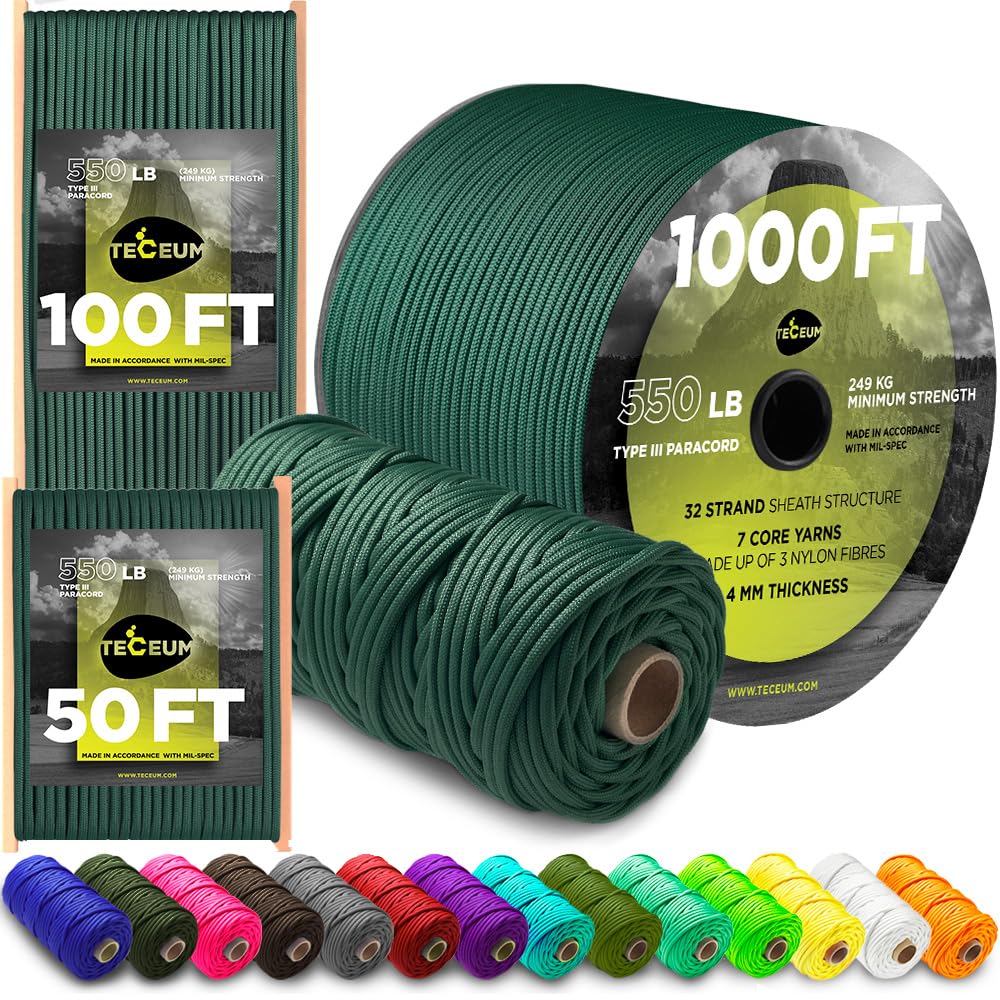 TECEUM Paracord Type III 550 Dark Emerald Green – 60 m – 4mm – Tactical Rope MIL-SPEC – Outdoor Para Cord – Camping Hiking Fishing Gear and Equipment EDC Parachute Cord – Strong Survival Rope (200ft) — image 1