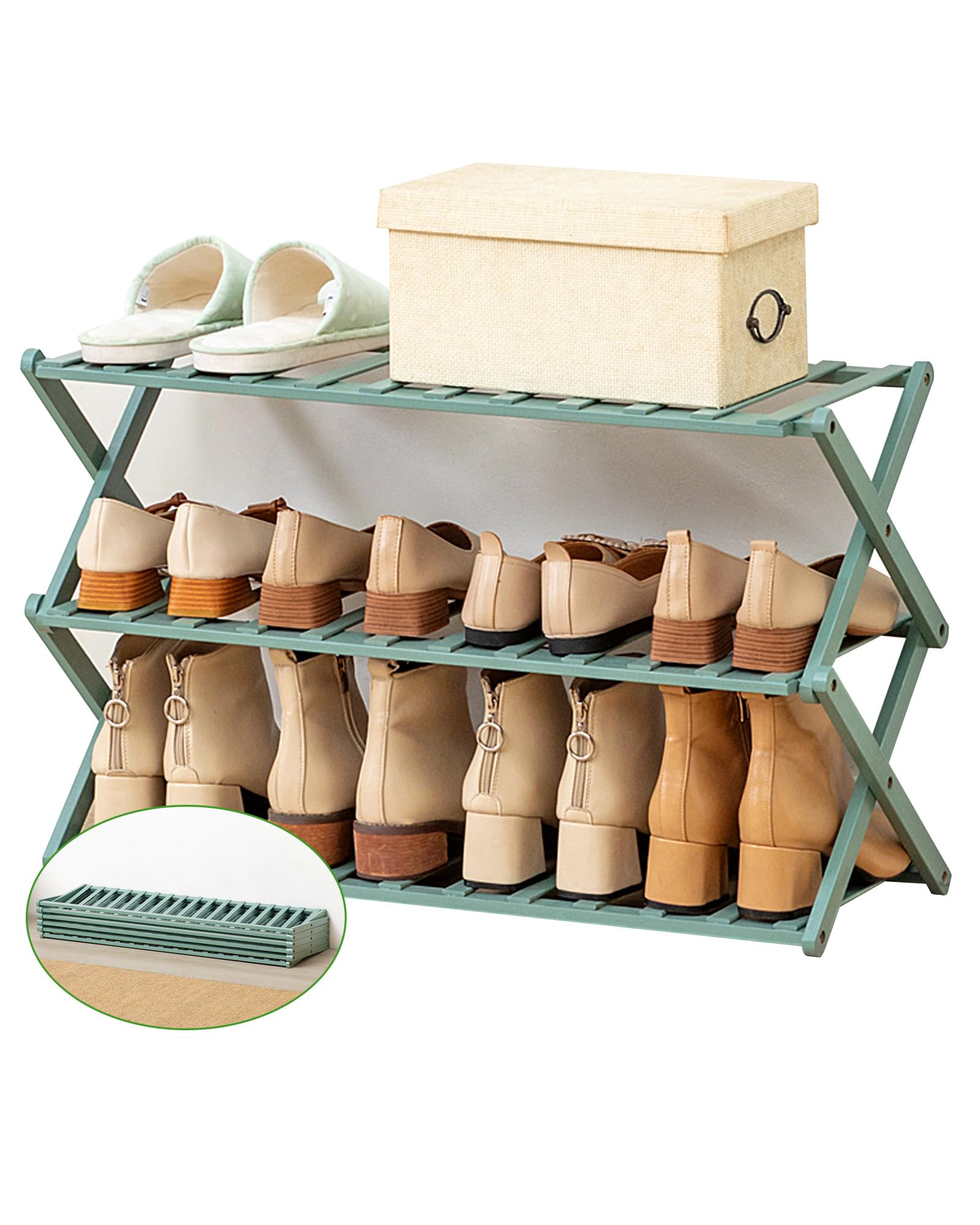 Kaoolaa Folding Bamboo Shoe Rack - No Installation Required, Ventilated Design, Durable and Versatile Shoe Organizer for Home, Kitchen, Closet(3 Tier Green)