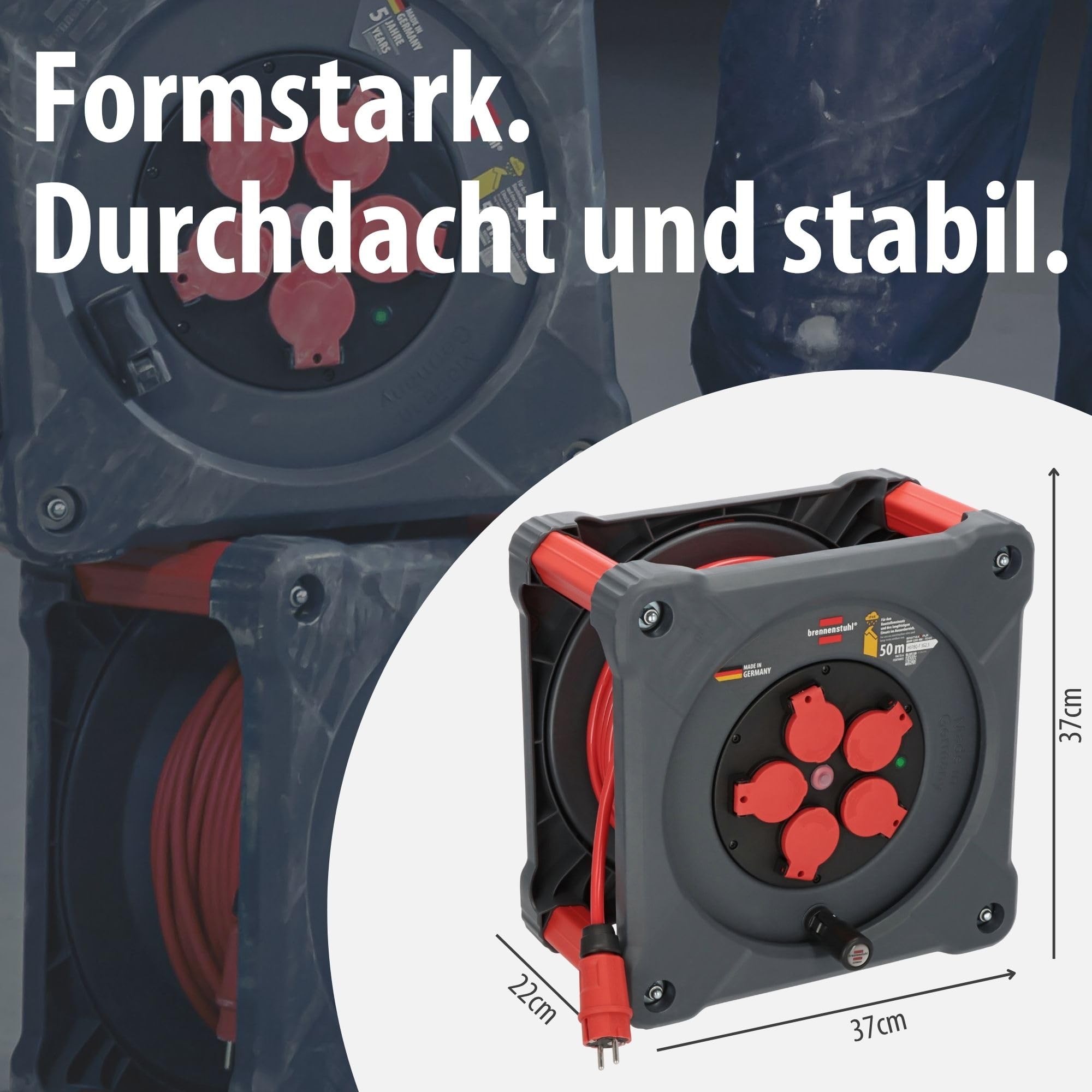 Brennenstuhl Professional Baustellen-Kabeltrommel KA 5210 5 IP44 (50m H07BQ-F 3G2,5 Kabel in rot, 5 Schutzkontakt-Steckdosen, Baustelleneinsatz und ständiger Einsatz im Freien, Made in Germany)