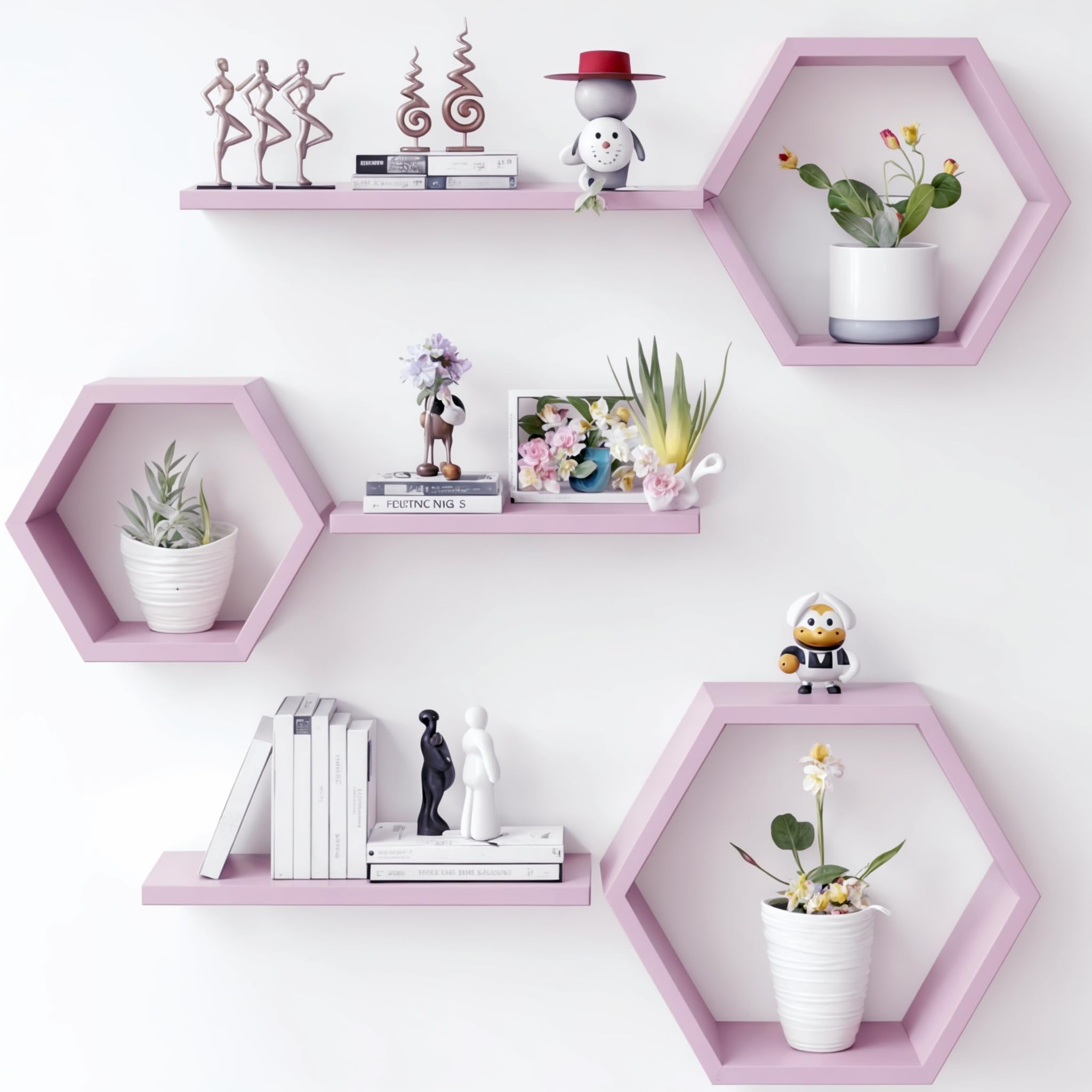 GoCozy Decorative Hexagonal Wall Shelves, Pink, Set of 3, Modern Floating Display Unit for Living Room (Pink)