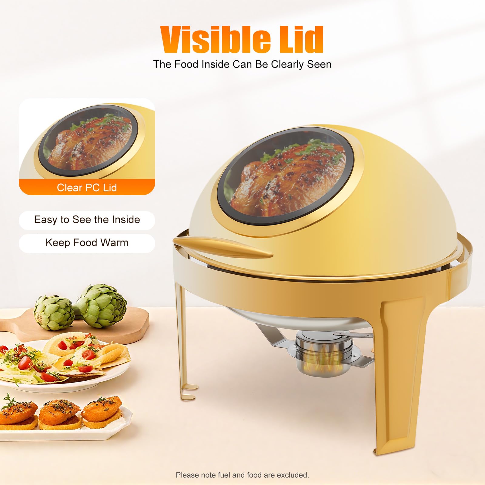 Chafing Dishes Set per buffet con top arrotolabile, oro, scaldavivande rotonde, in acciaio inox, set da buffet, coperchio a vista, per catering, eventi, feste, matrimoni