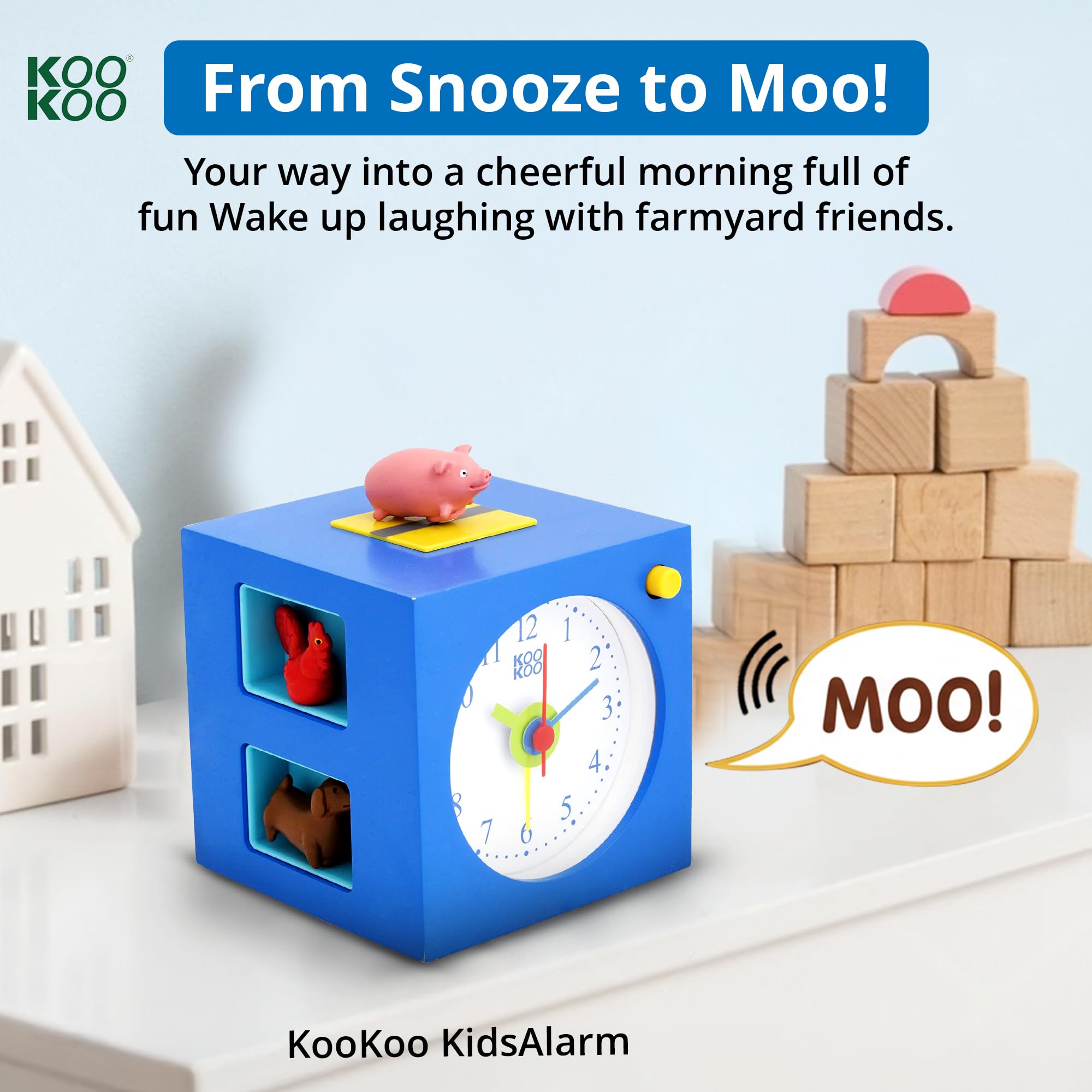 KOOKOO KidsAlarm Azul, Despertador para niños incluy 5 Animales de Granja con Les Sonidos, grabaciónes de la naturalez