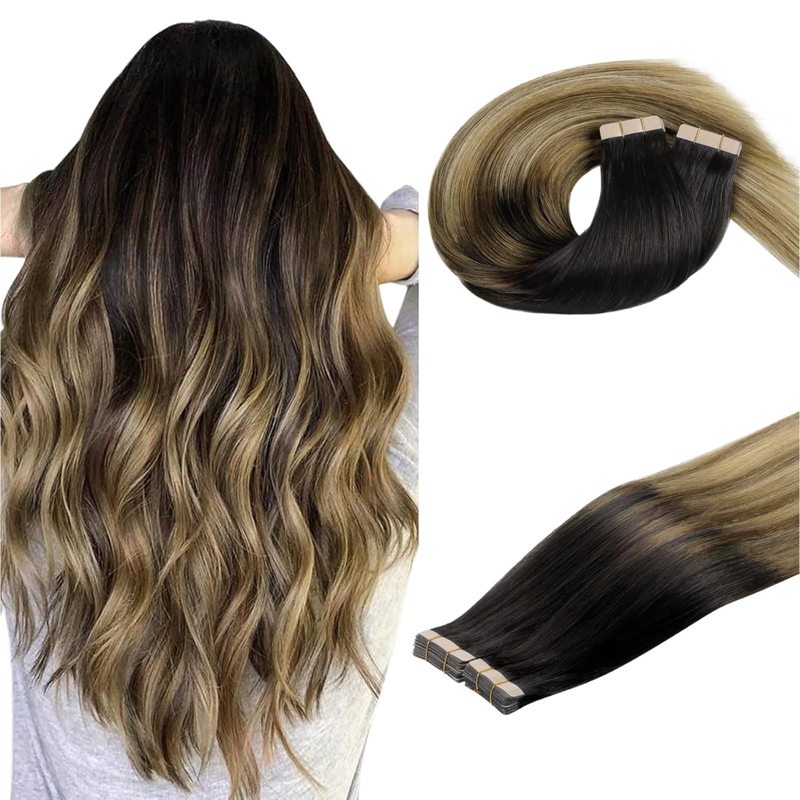 DOORES Human Hair Extensions Tape in, Balayage Walnut Brown to Ash Brown and Bleach Blonde, 18 Inch 20pcs 50g, Tape in Hair Extensions Silky Straight Soft Weft — view 30