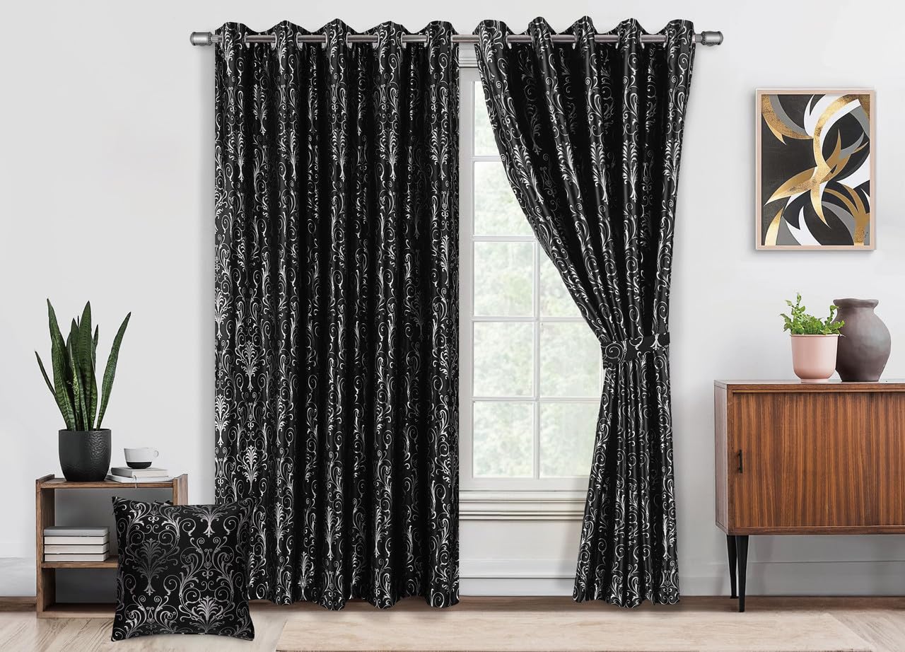 MILANO COLLECTIONS® Metallic Foil - Printed Damask Pattern Blackout Curtains for Bedroom & Living Room – 2 Panels with Tiebacks & 4 Cushion Covers - Black