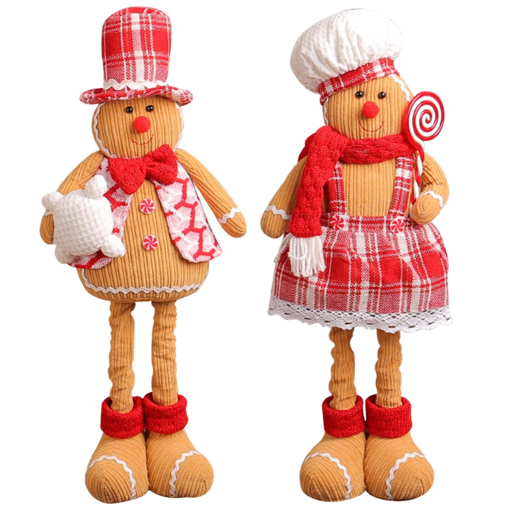 CAKEEYUM Gingerbread Plush with Stretchable Leg 2Pcs Male & Female Gingerbread Decor with Clothes On Adorable Christmas Decoration for Home, Party Man Plush Ginge