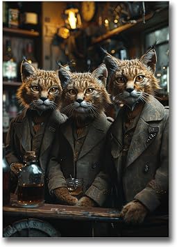 Caracal Dressed In Suits On Bar Crimson Hyper-Realistic Animal Illustrations Animal Art Animal Poster Prints Unique Art Modern Art Decor, Arts