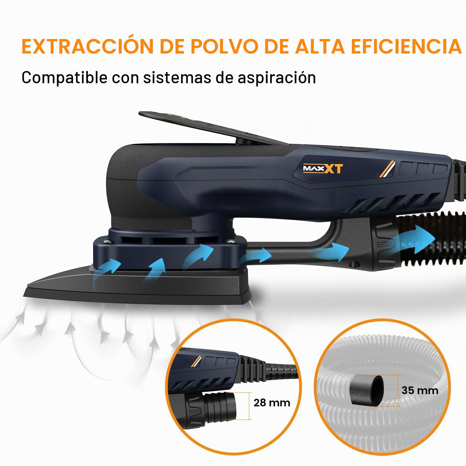 MAXXT Lijadora Delta y Rectangular 2EN1 sin escobillas 350W, 6 velocidades ajustables (4000-10000 rpm), Parada1-2 segundos, Incluye 20 hojas de lija, para rincones estrechos y lijado fino
