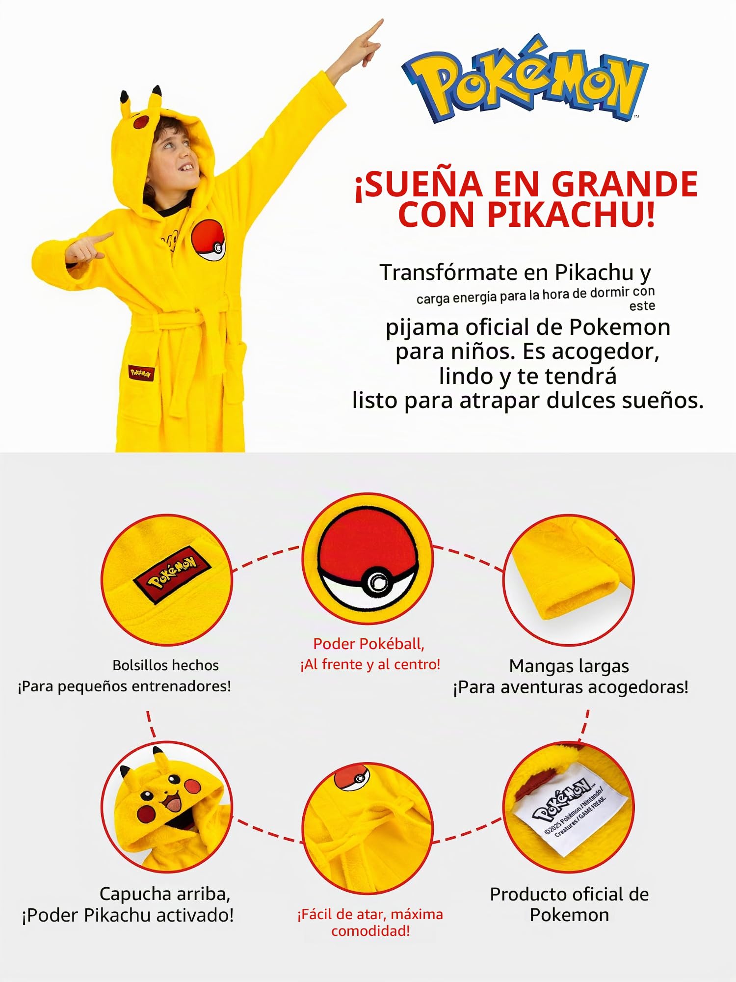Pokemon Pikachu Batas Niños, Bata Niño Pikachu con Orejas 3D, Albornoz Niños Infantil de Forro Polar