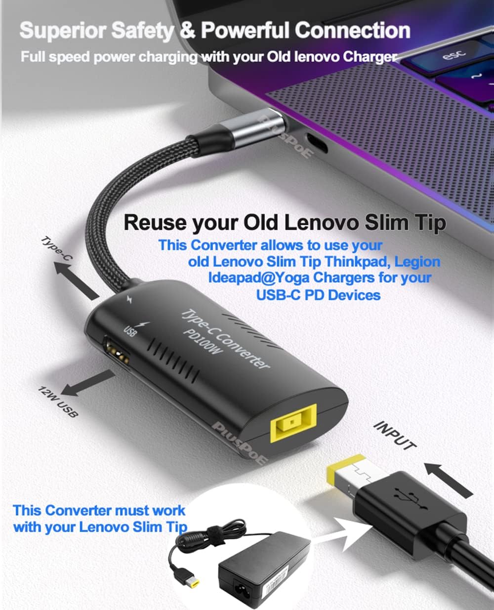 PLUSPOE USB C to Slim Tip Adapter, PD3.0 Fast Multi-Port Charging for Lenovo Thinkpad, MacBook, Chromebook