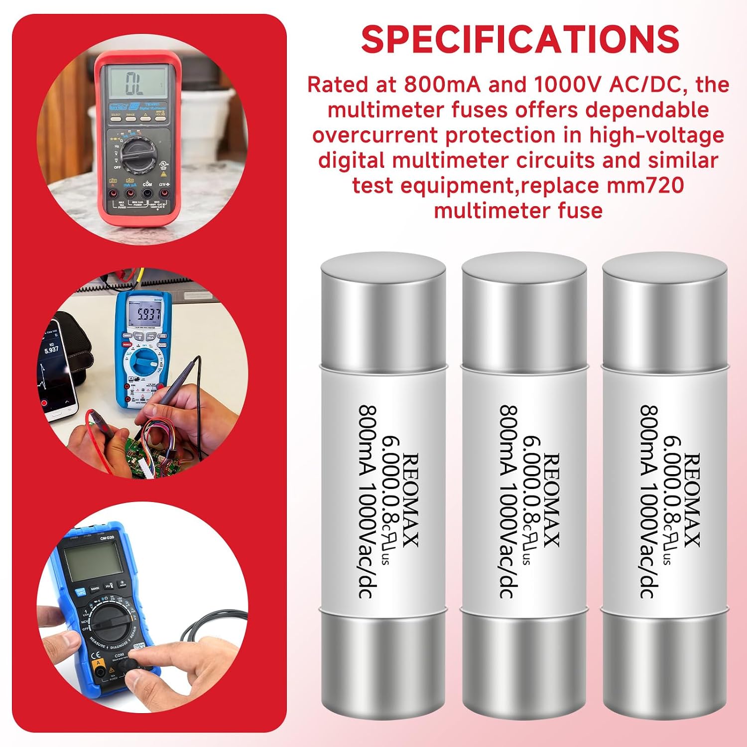 (5 pcs) HV620 800mA 1000V AC/DC Multimeter Fuse 6.35X32mm, Ceramic Fuse 0.8A 1000V HV620 Fast Blowing for MM720 Digital Multimeter Replacement