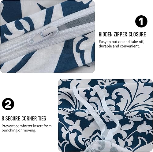 Miniatura 5 de PERHOM Funda de edredón azul King  Funda de edredón de damasco de cachemira tamaño King, juego de funda de edredón 100% algodón, 3 piezas ultra
