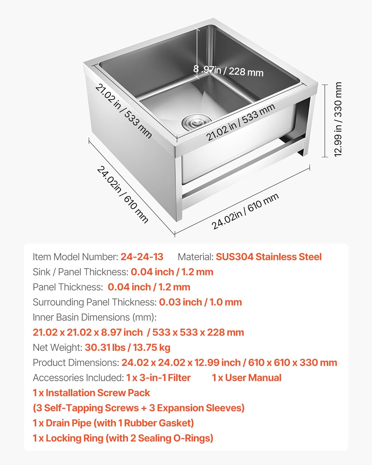 VEVOR Stainless Steel Floor Mop Sink, 24 x 24 x 13 in, 304 Stainless Steel, with 3-in-1 Filter and Wall-Mounted Bracket, X-Shaped Groove for Quick and Smooth Drainage, for Balcony and Bathroom - Image 7